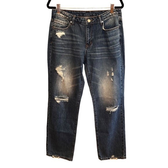 Flamingo Jeans Womens L‎ Mid Rise Straight Leg Rigid Denim Destroyed NWOT - Picture 1 of 12
